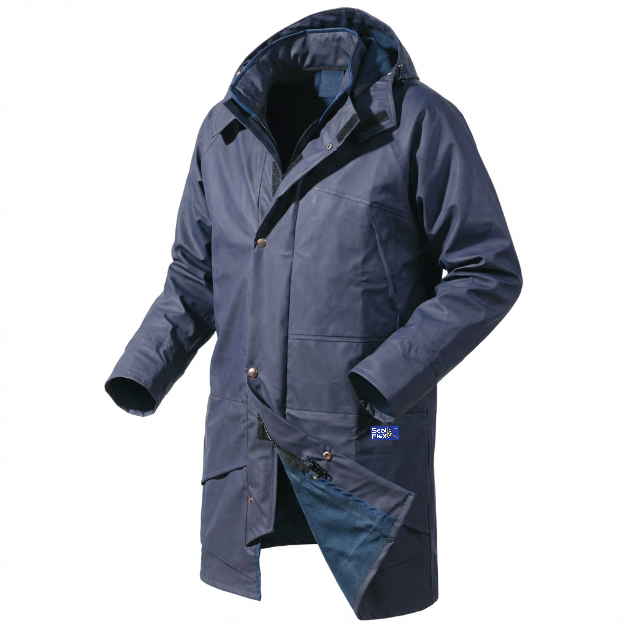 seal flex blue rain jacket and fold away hood